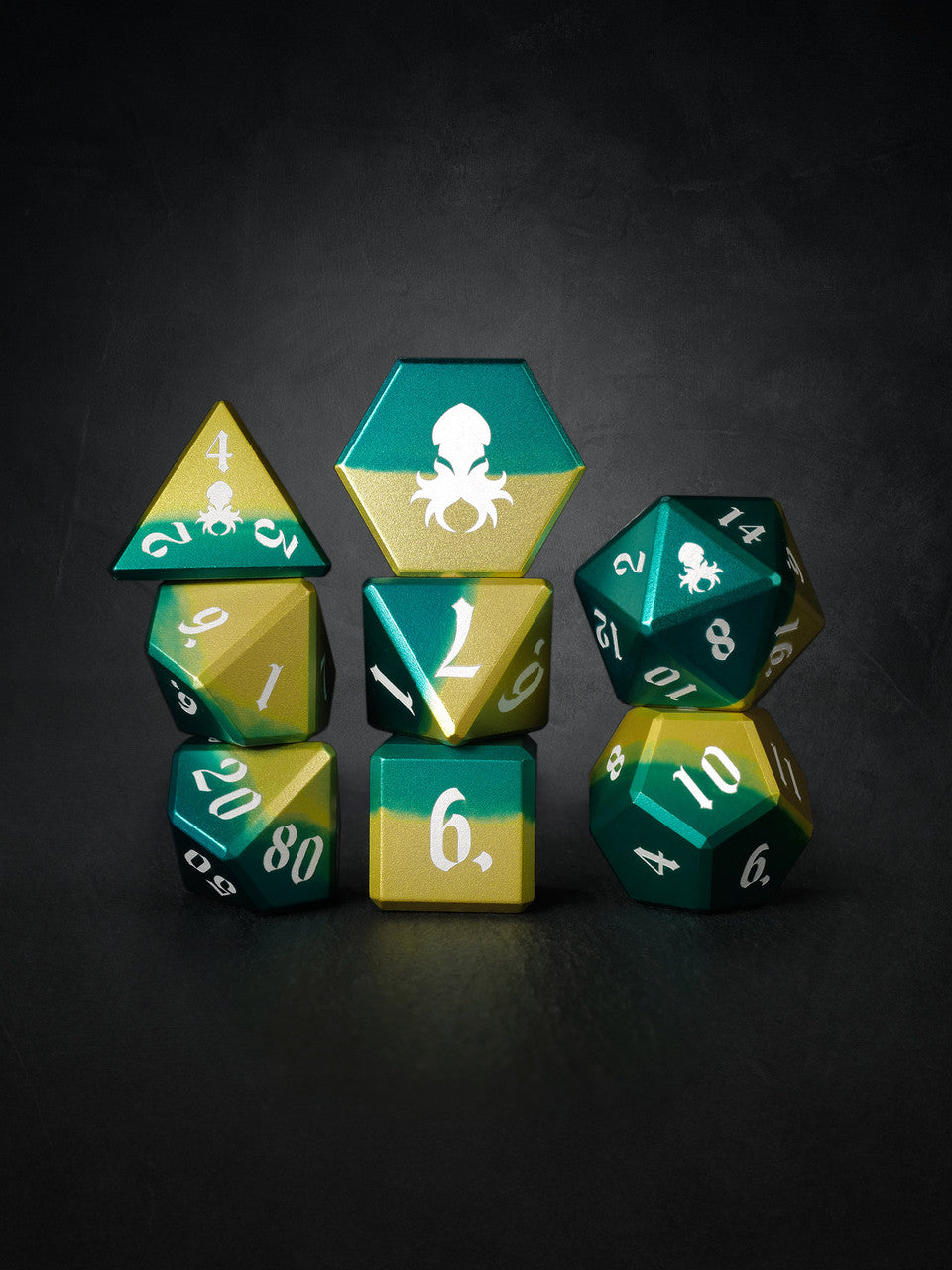 Vulcan: Sylvan Knight 8pc Green and Yellow Aluminum TTRPG Dice Set